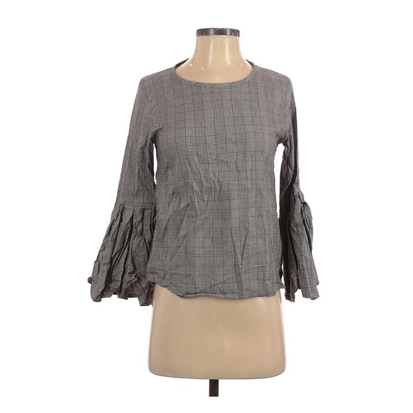 Zara Plaid Black and White Bell Sleeve Blouse - Picture 2 of 7